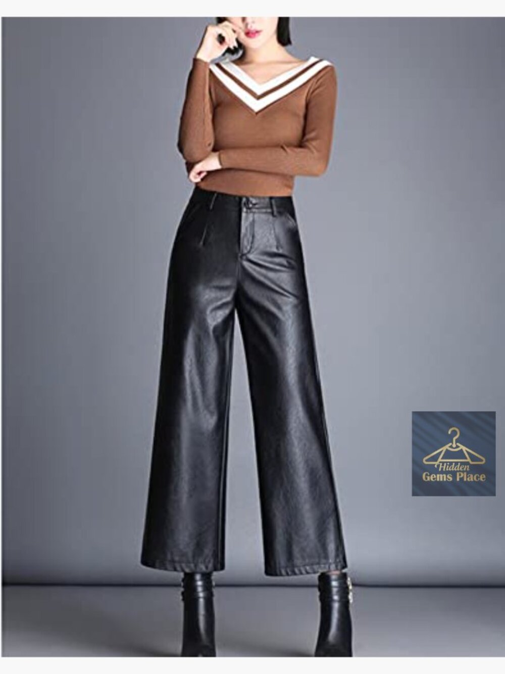 High Waist Wide Leg Faux Leather Palazzo Pants Elastic Waist - Picture 4 of 7